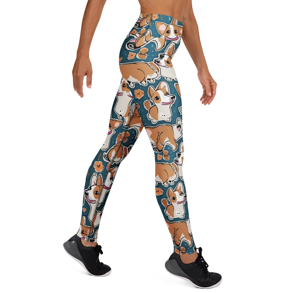 Corgi Confetti on Yoga Leggings — Right