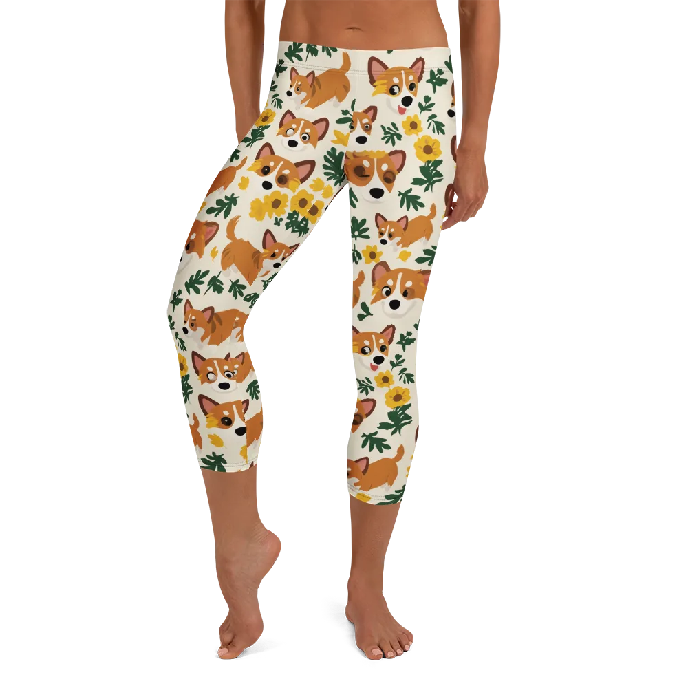 Corgi Garden on Capri Leggings — Front