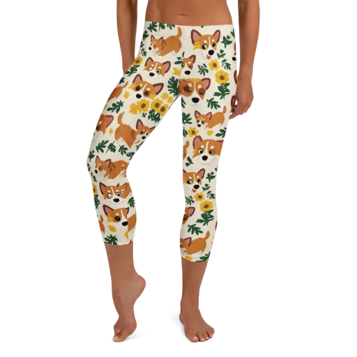 Corgi Garden on a Capri Leggings