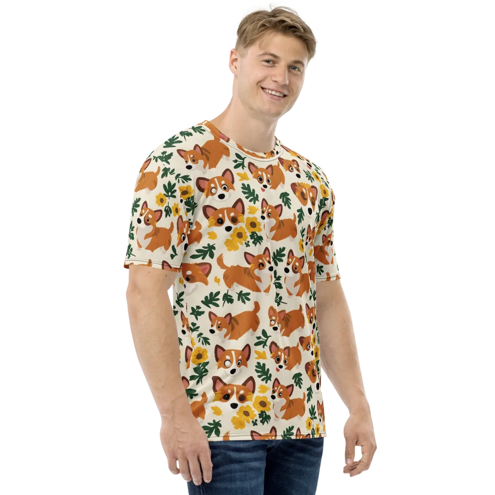 Corgi Garden on Men's Crew Neck T-Shirt — Right