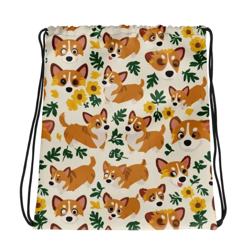 Corgi Garden on a Drawstring Bag