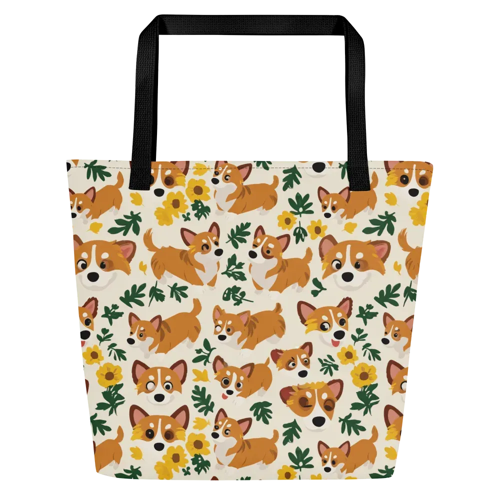Corgi Garden on Large Tote Bag W/ Pocket — Front
