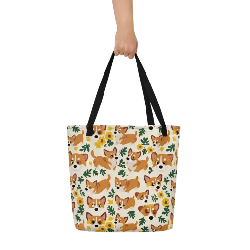 Corgi Garden on a Large Tote Bag W/ Pocket