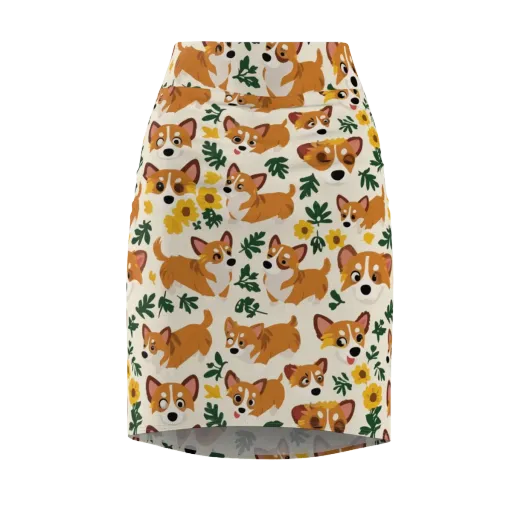 Corgi Garden on a Pencil Skirt