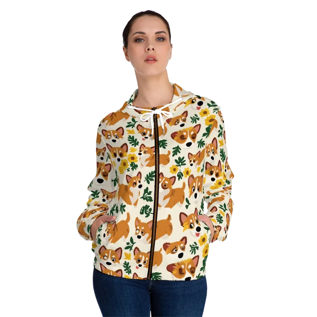 Corgi Garden on Women's Full-Zip Hoodie — Front On Person
