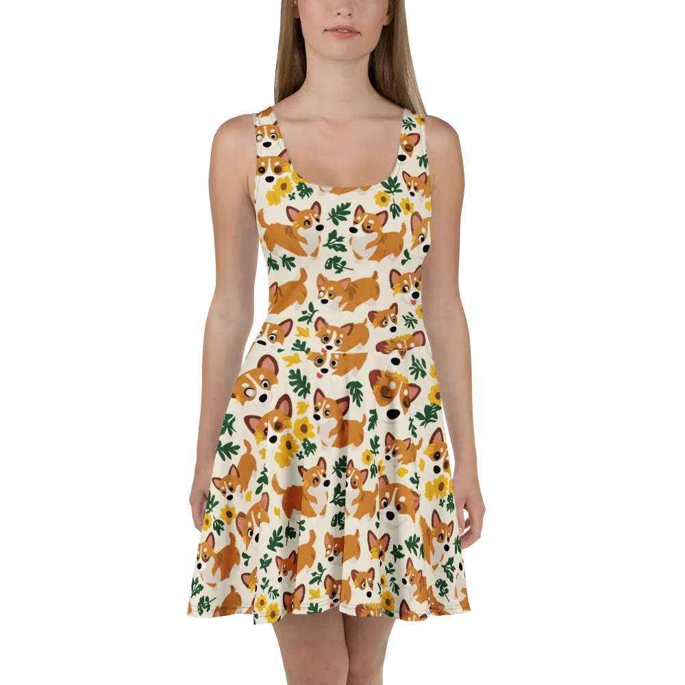 Corgi Garden on Skater Dress — Front