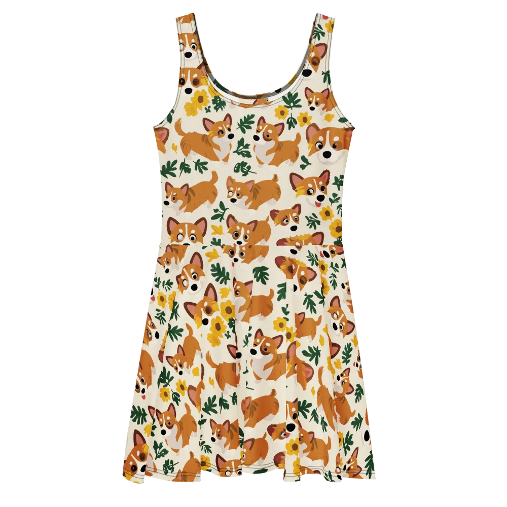 Corgi Garden on Skater Dress — Front