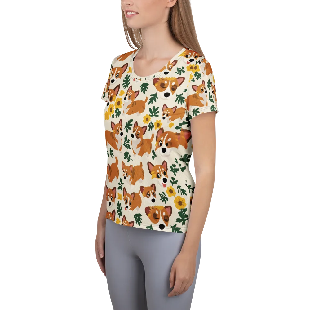 Corgi Garden on Women's Athletic T-Shirt — Left