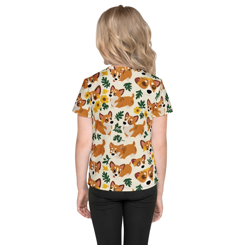 Corgi Garden on Kids Crew Neck T-Shirt — Back