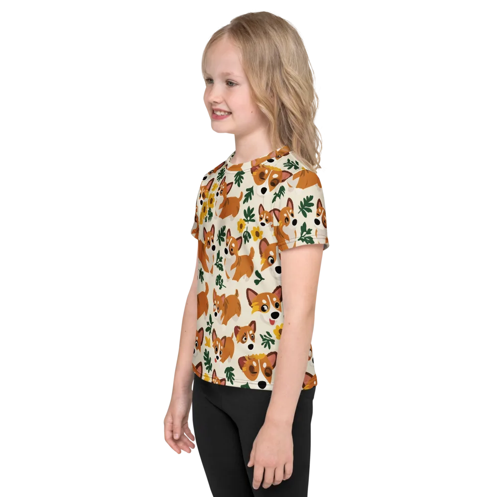 Corgi Garden on Kids Crew Neck T-Shirt — Left