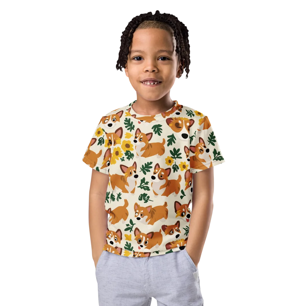 Corgi Garden on Kids Crew Neck T-Shirt — Front