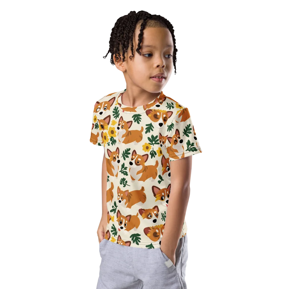 Corgi Garden on Kids Crew Neck T-Shirt — Left Front