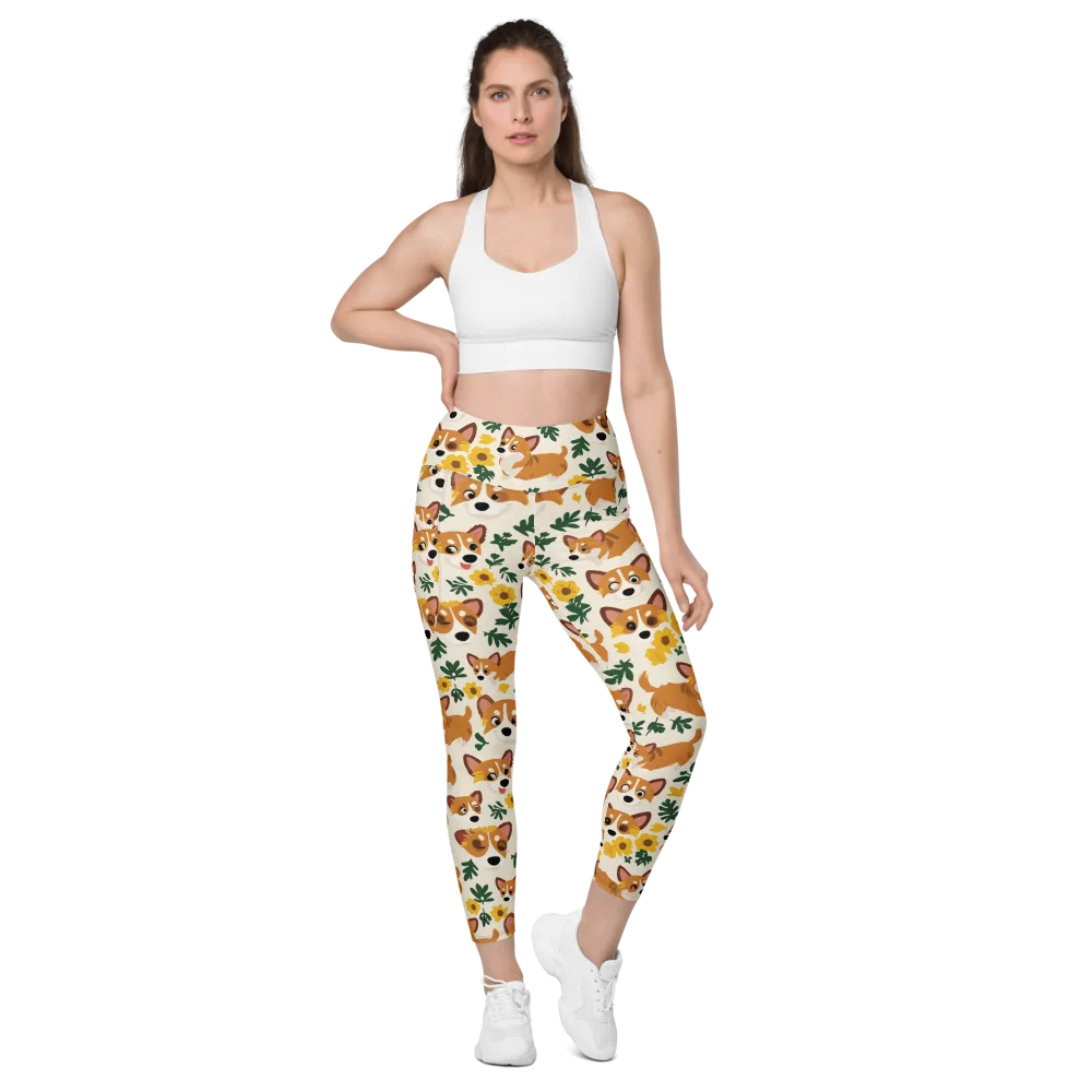 Corgi Garden on Leggings with Pockets — Front