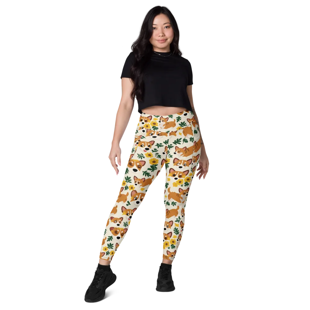 Corgi Garden on Leggings with Pockets — Front