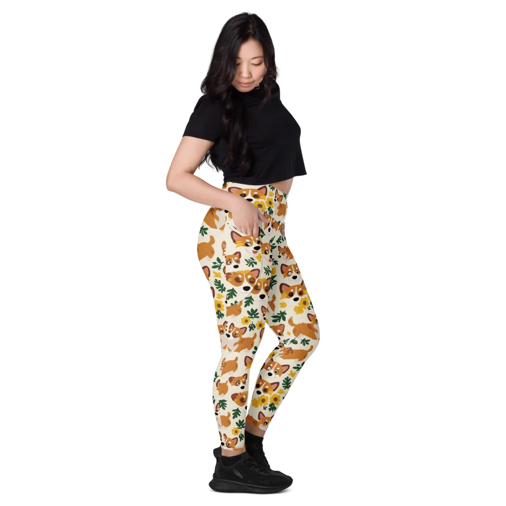 Corgi Garden on Leggings with Pockets — Right