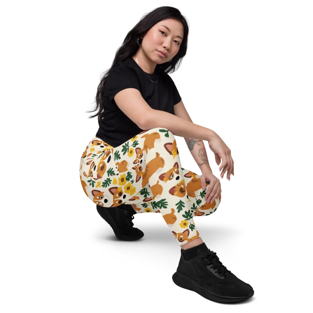 Corgi Garden on Leggings with Pockets — Right Front