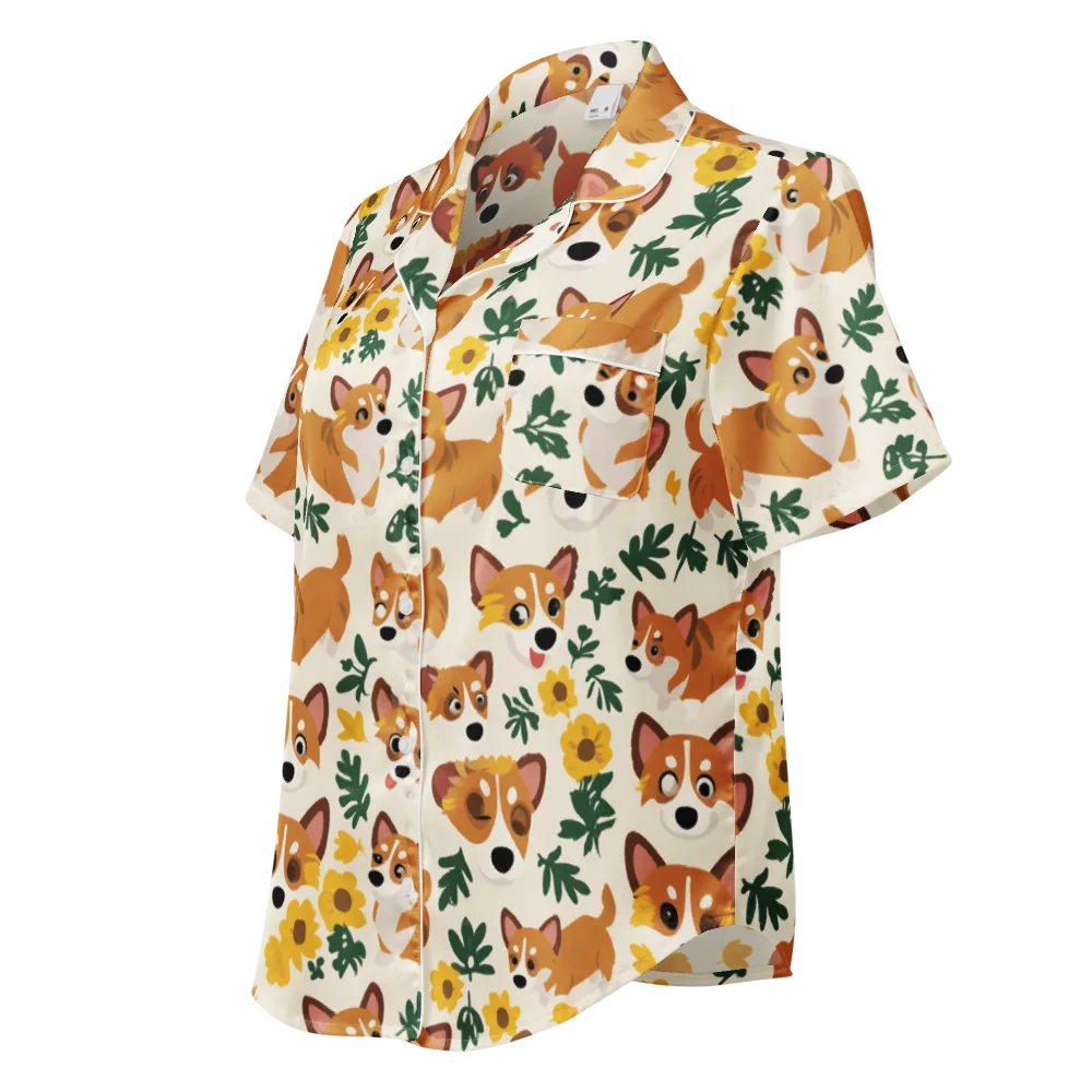 Corgi Garden on Women's Short Sleeve Pajama Top — Left Front