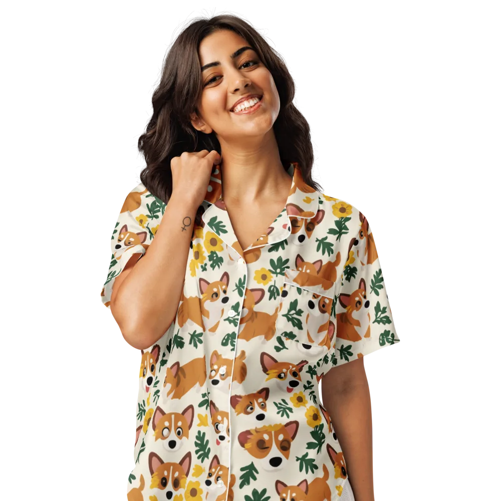 Corgi Garden on Women's Short Sleeve Pajama Top — Front