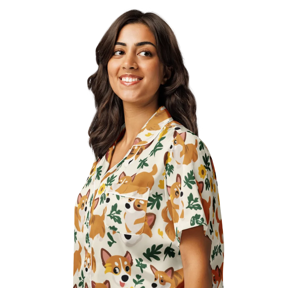Corgi Garden on Women's Short Sleeve Pajama Top — Left Front