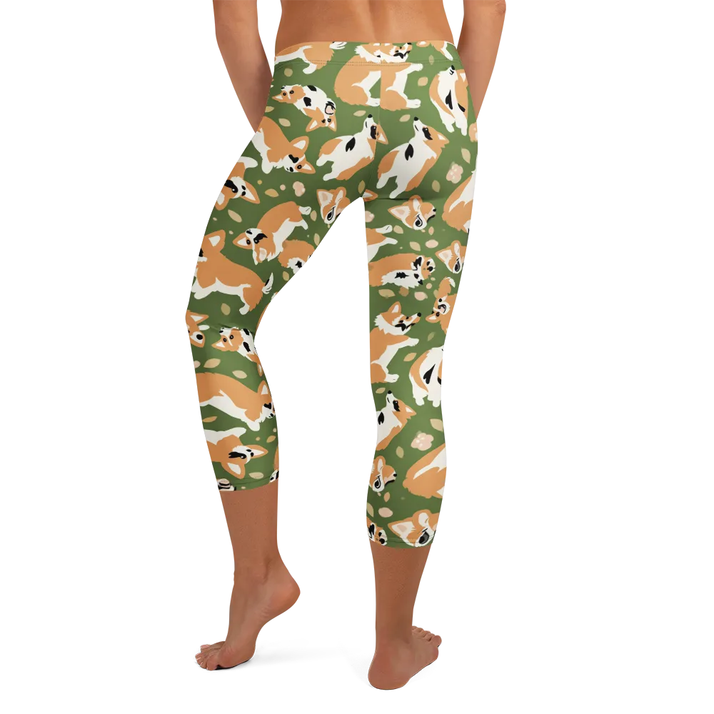 Mossy Corgi Meadow on Capri Leggings — Back