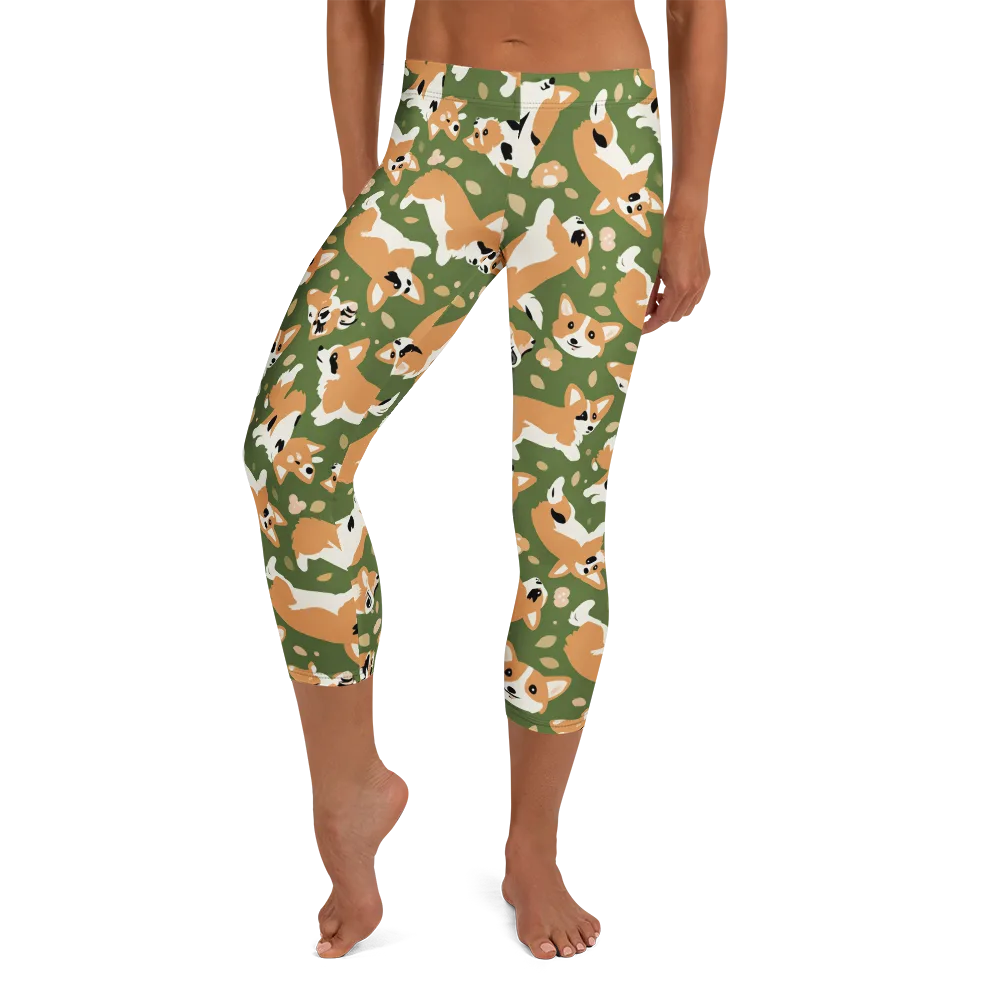 Mossy Corgi Meadow on Capri Leggings — Front
