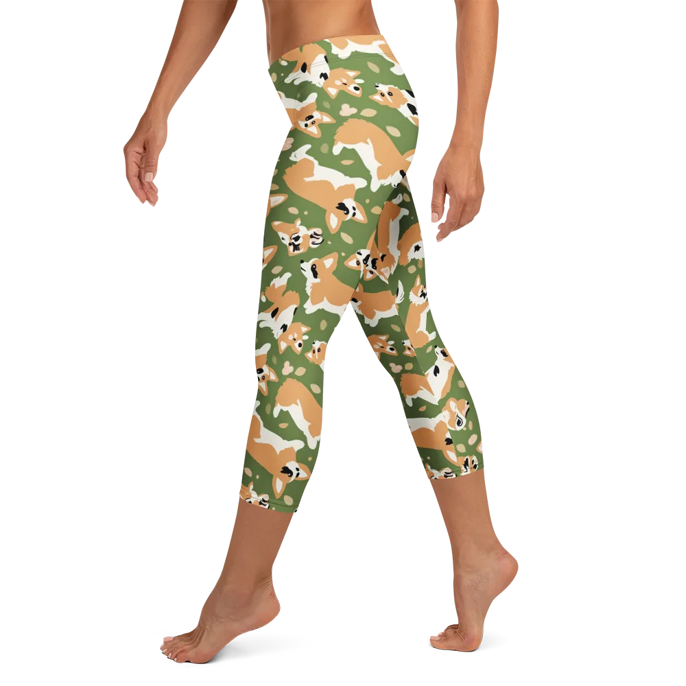 Mossy Corgi Meadow on Capri Leggings — Left