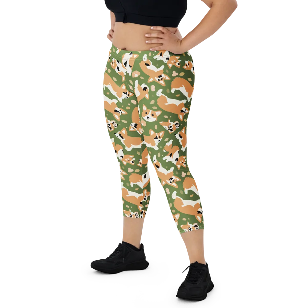 Mossy Corgi Meadow on Capri Leggings — Front