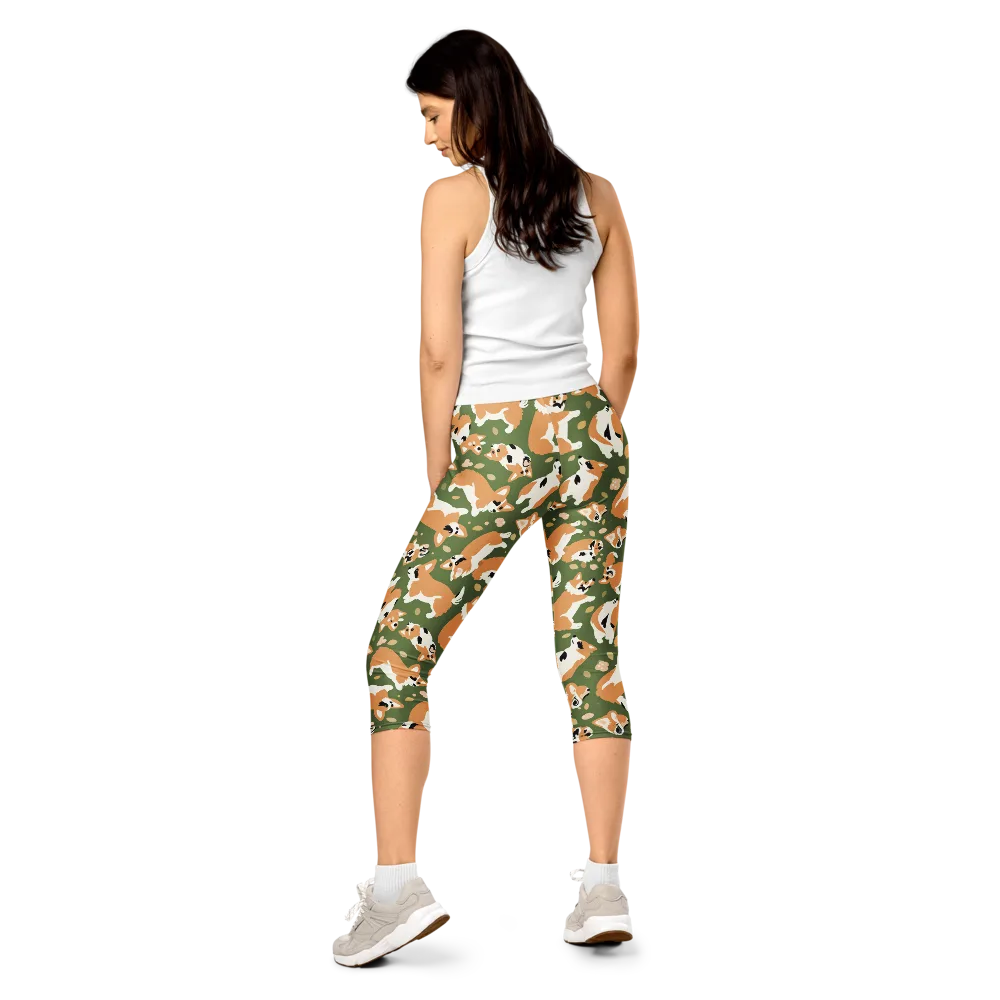 Mossy Corgi Meadow on Capri Leggings — Back