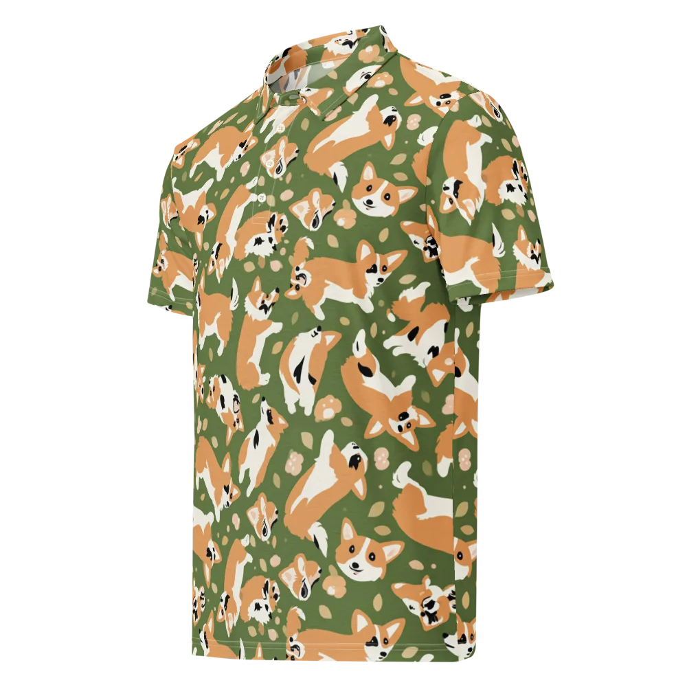 Mossy Corgi Meadow on Men's Slim Fit Polo Shirt — Left Front