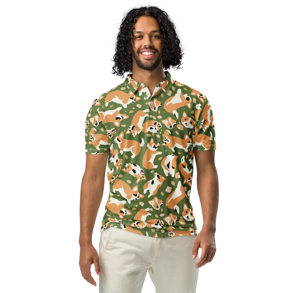 Mossy Corgi Meadow on Men's Slim Fit Polo Shirt — Front