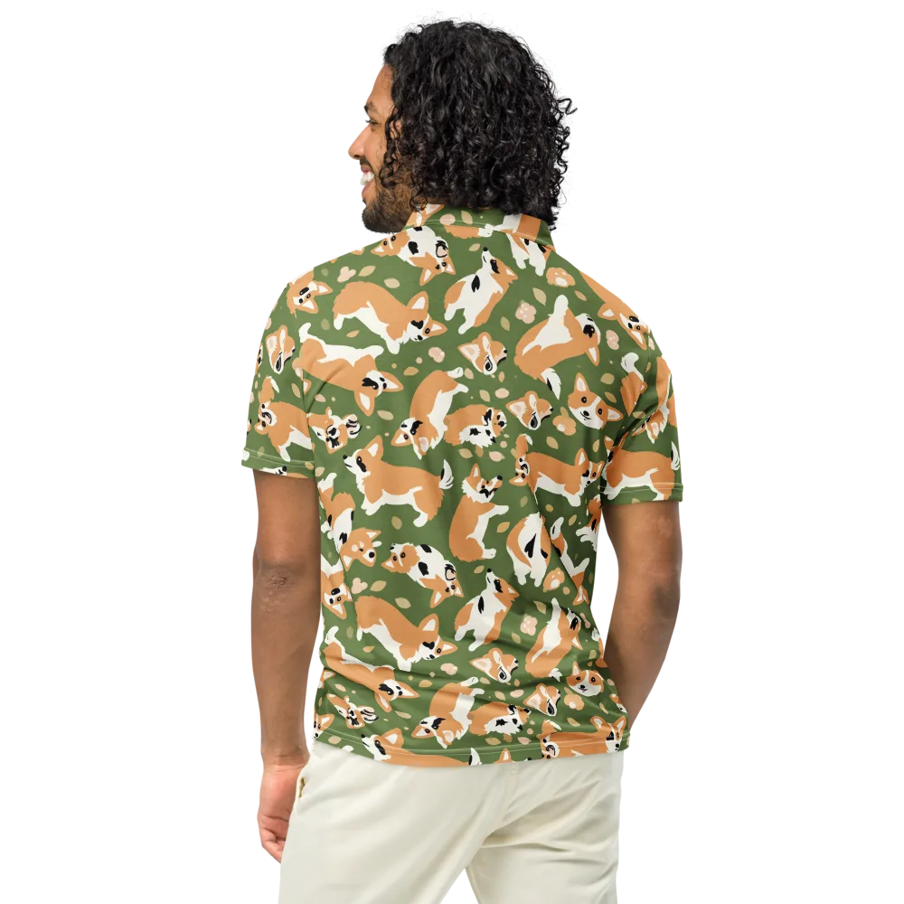Mossy Corgi Meadow on Men's Slim Fit Polo Shirt — Back