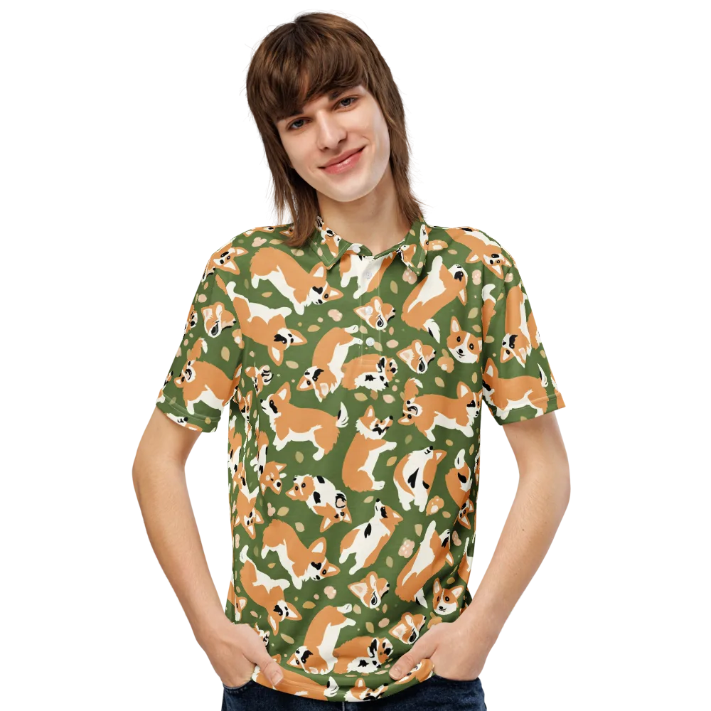 Mossy Corgi Meadow on Men's Slim Fit Polo Shirt — Front