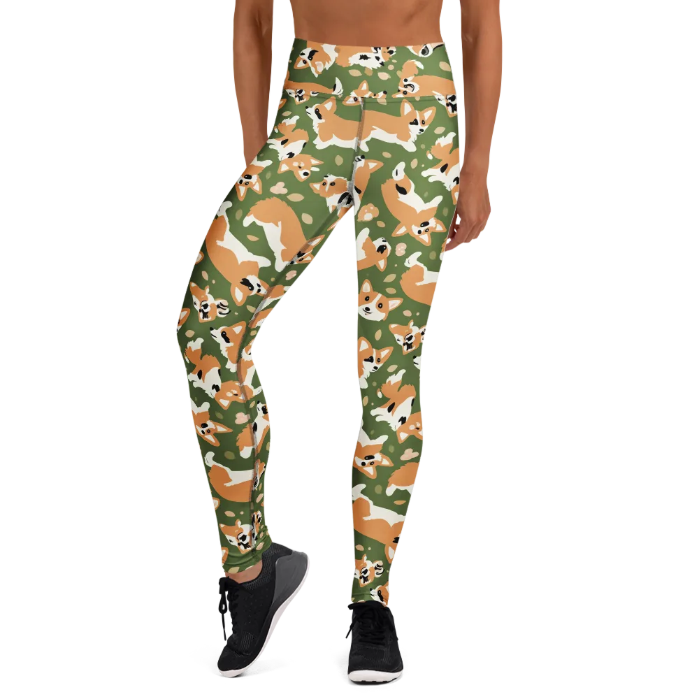 Mossy Corgi Meadow on Yoga Leggings — Front