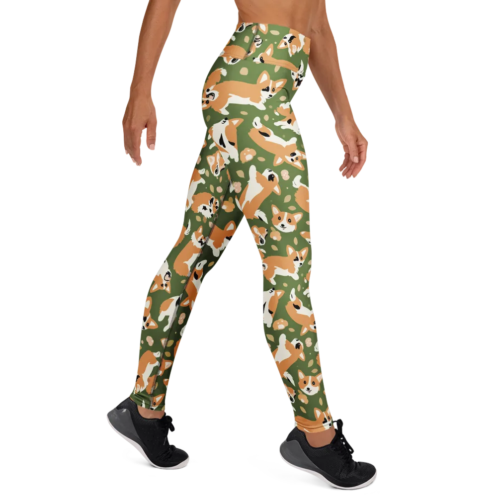 Mossy Corgi Meadow on Yoga Leggings — Right
