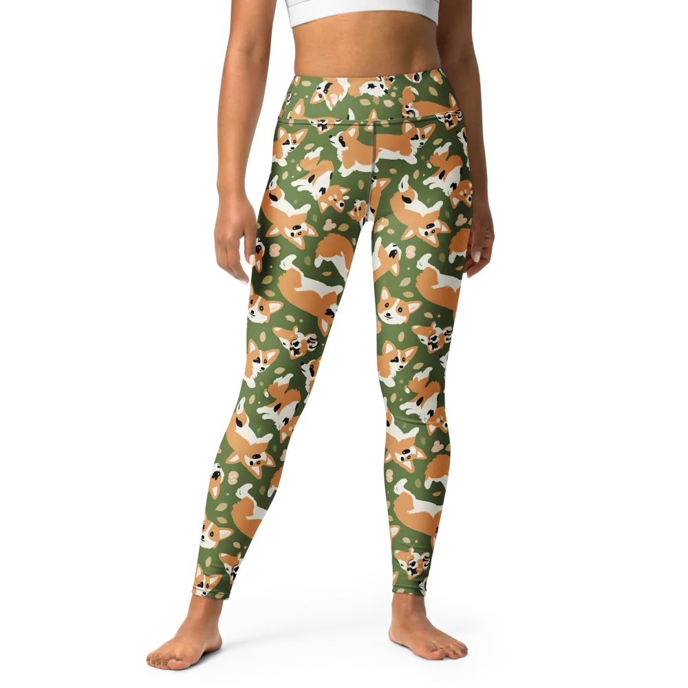 Mossy Corgi Meadow on Yoga Leggings — Front