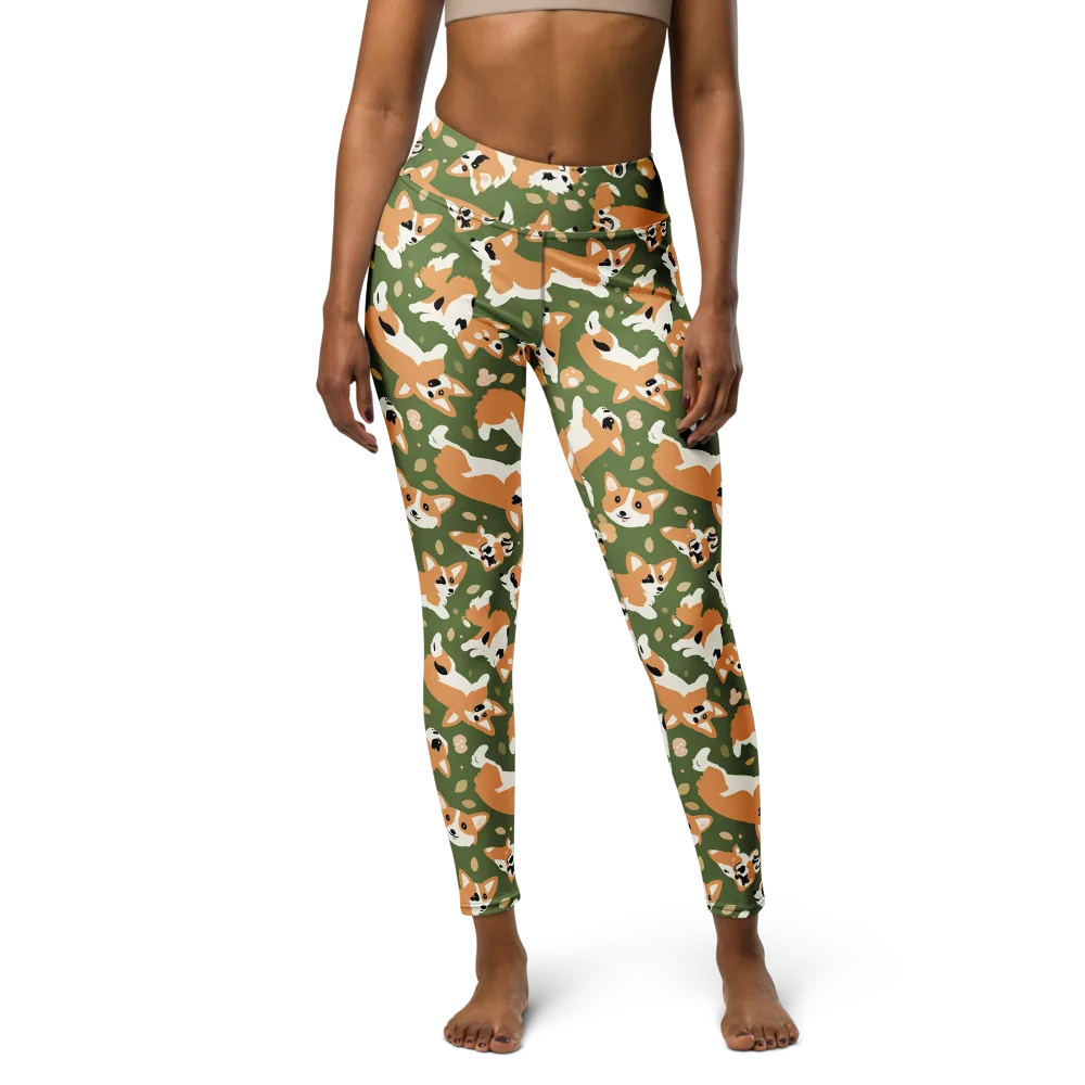 Mossy Corgi Meadow on Yoga Leggings — Front