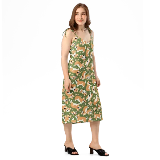 Mossy Corgi Meadow on a Slip Dress