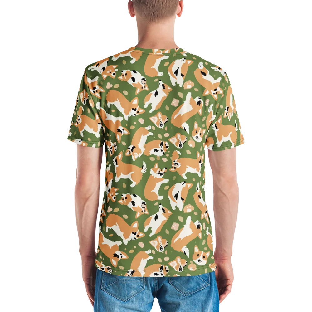 Mossy Corgi Meadow on Men's Crew Neck T-Shirt — Back