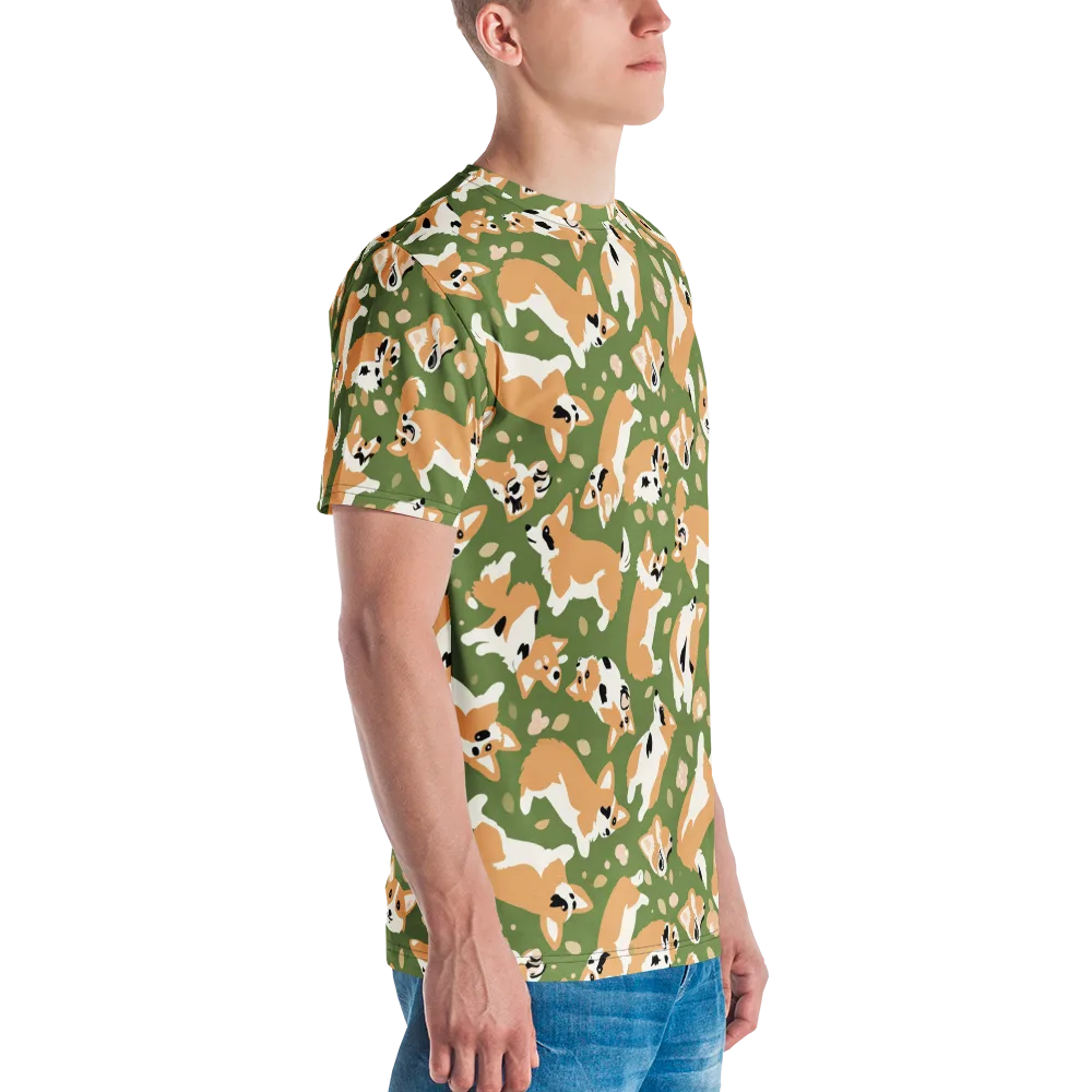 Mossy Corgi Meadow on Men's Crew Neck T-Shirt — Right