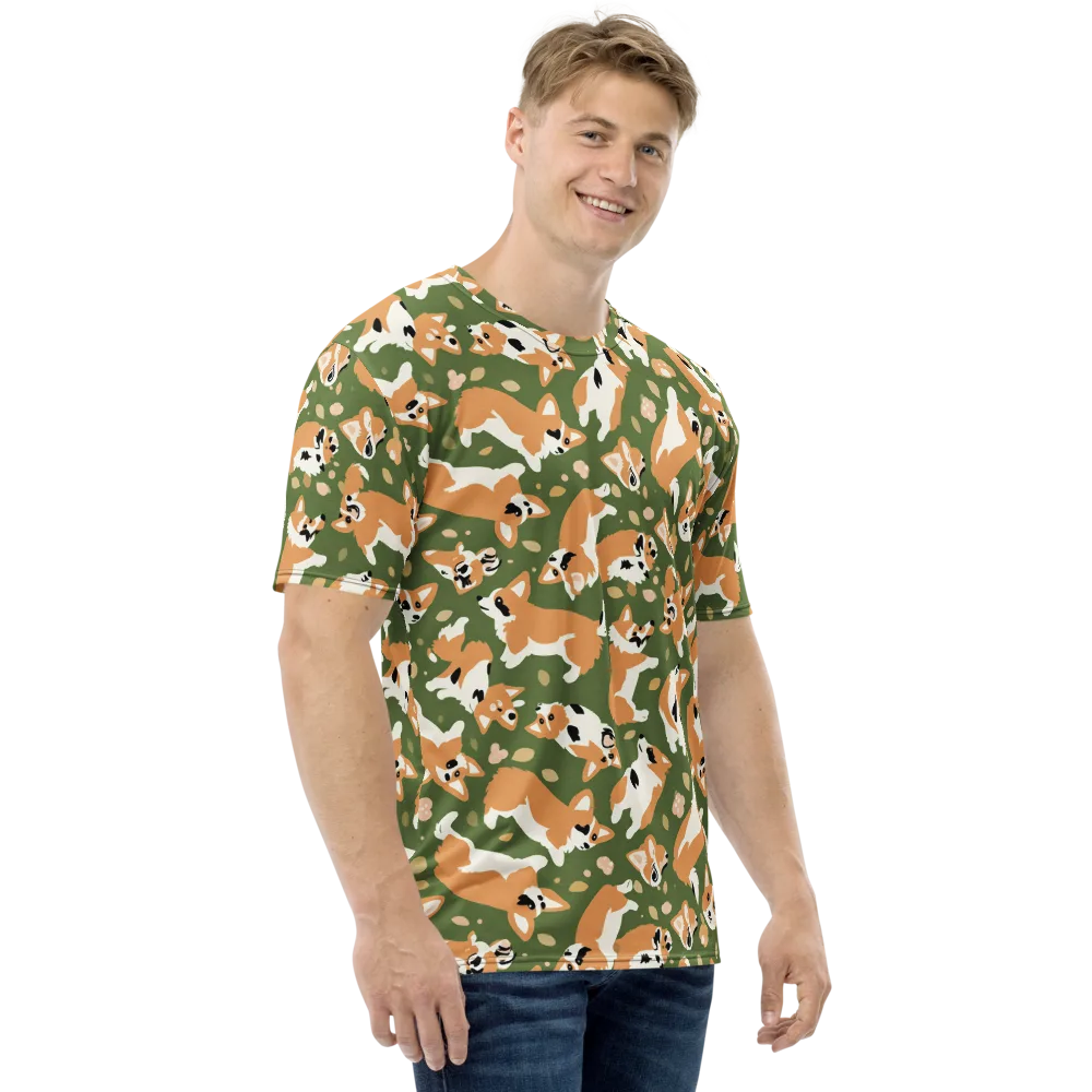 Mossy Corgi Meadow on Men's Crew Neck T-Shirt — Right