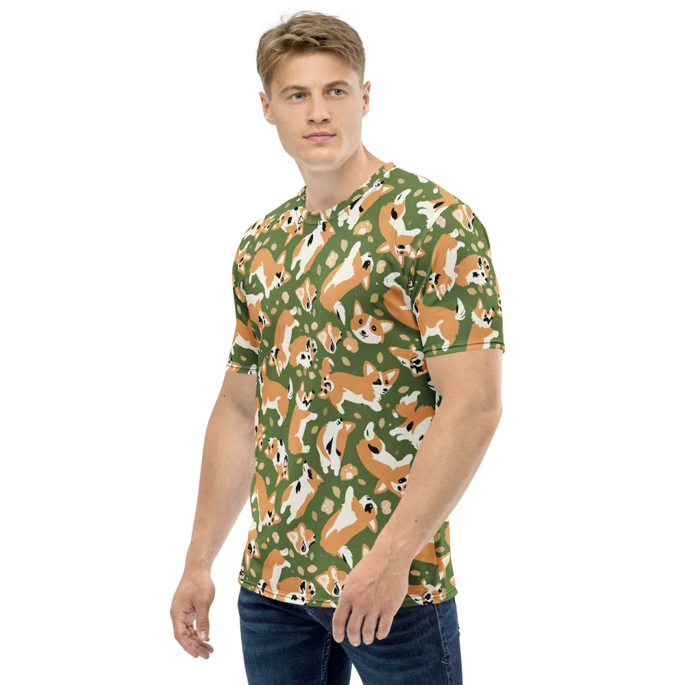 Mossy Corgi Meadow on Men's Crew Neck T-Shirt — Left