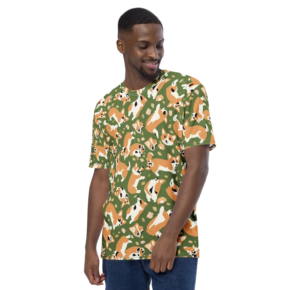 Mossy Corgi Meadow on Men's Crew Neck T-Shirt — Left