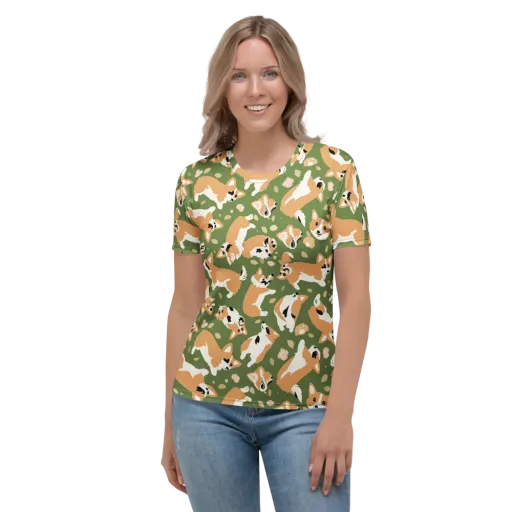 Mossy Corgi Meadow on a Women's Crew Neck T-Shirt
