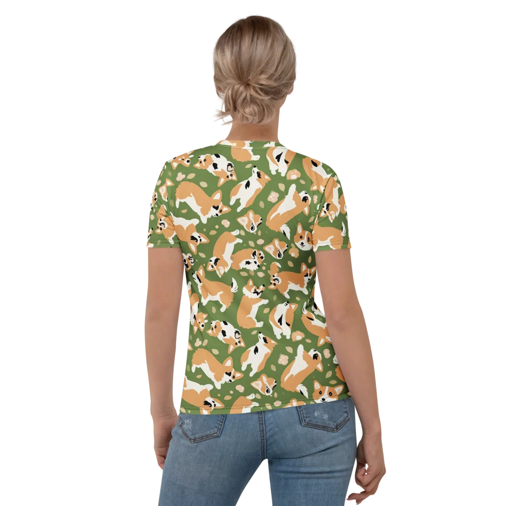 Mossy Corgi Meadow on Women's Crew Neck T-Shirt — Back