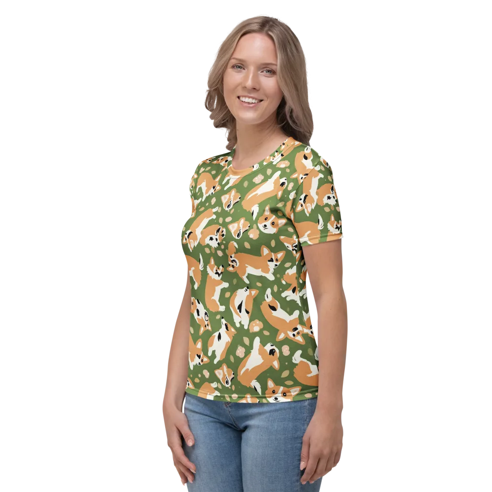 Mossy Corgi Meadow on Women's Crew Neck T-Shirt — Left