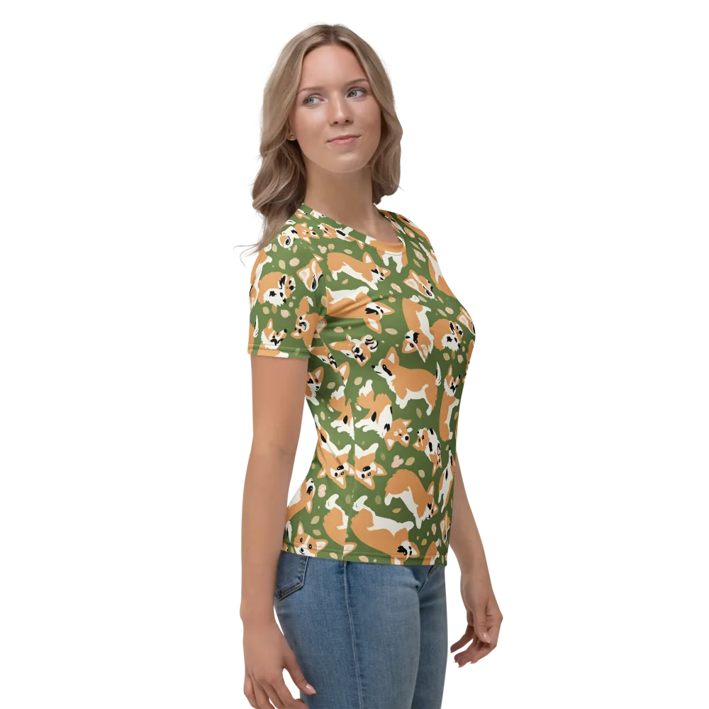 Mossy Corgi Meadow on Women's Crew Neck T-Shirt — Right
