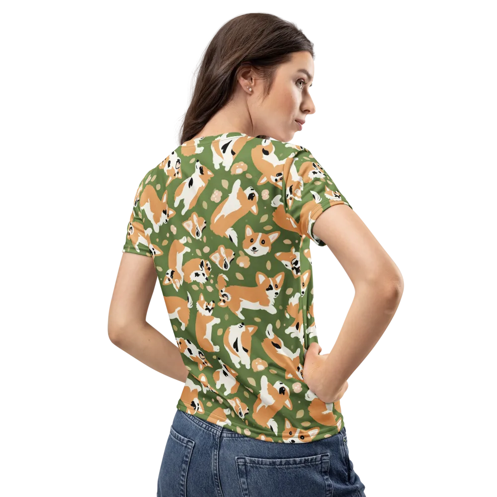 Mossy Corgi Meadow on Women's Crew Neck T-Shirt — Back