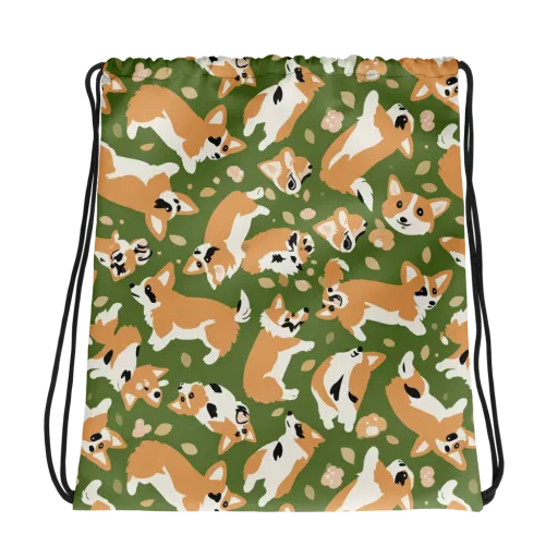 Mossy Corgi Meadow on a Drawstring Bag