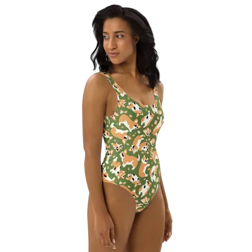 Mossy Corgi Meadow on a One-Piece Swimsuit