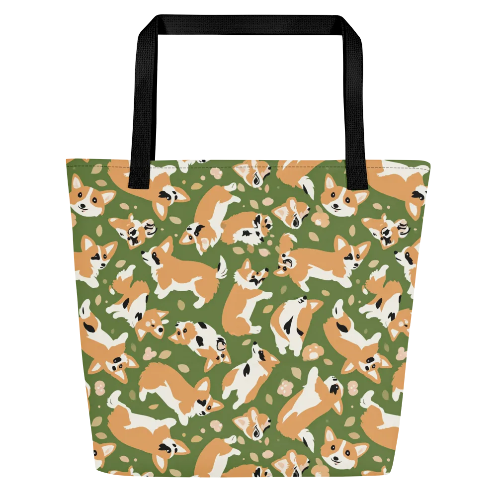 Mossy Corgi Meadow on Large Tote Bag W/ Pocket — Front